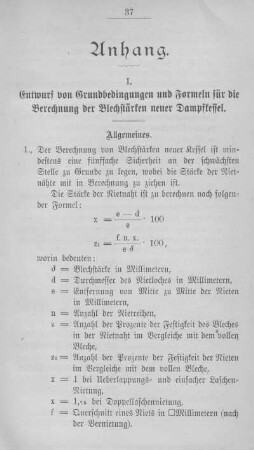 I. Entwurf von Grundbedingungen und Formeln für die Berechnung der Blechstärken neuer Dampfkessel