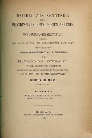 Beitrag zur Kenntniss der progressiven perniciösen Anaemie : Inaug.-Dissertation