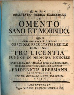 Dissertatio Medica Inauguralis De Omento Sano Et Morbido