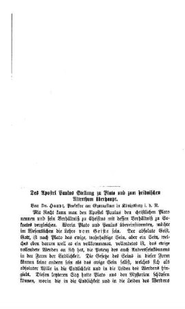 Des Apostel Paulus Stellung zu Plato und zum heidnischen Alterthum überhaupt
