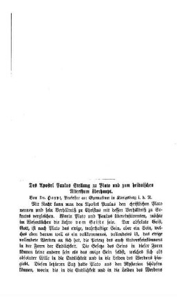 Des Apostel Paulus Stellung zu Plato und zum heidnischen Alterthum überhaupt