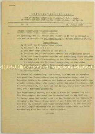 Hektografiertes Informationsblatt der Studentenvertretung der Otto-Suhr-Institutes der FU Berlin (West) zur 2. Außerordentlichen Vollversammlung