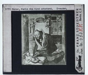 Dürer, Dresdner Altar, Marienaltar (Dresden GAM 1869) : Mitteltafel: Maria betet das Jesuskind an