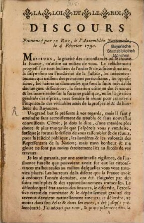 Discours Prononcé par Le Roi, à l'Assemblée Nationale, le 4 Février 1790