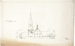 Gsaenger, Gustav; Braunschweig - Lehndorf (Niedersachsen); Ev. Kirche mit Pfarrhaus und Gemeindesaal - Entwurf, Variante - Ostseite (Ansicht)