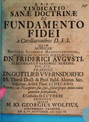 Vindicatio Sanae Doctrinae De Fundamento Fidei a Cavillationibus D. S. S.