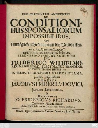 De Conditionibus Sponsaliorum Impossibilibus : ad c. fin. X. de condit. appos.