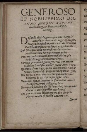 Generoso et nobilissimo domino Hvgoni, Baroni à Schonburg, ...