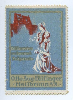 Reklamemarke der Fa. Otto August Bilfinger (Motiv Käthchen auf blauem Grund)