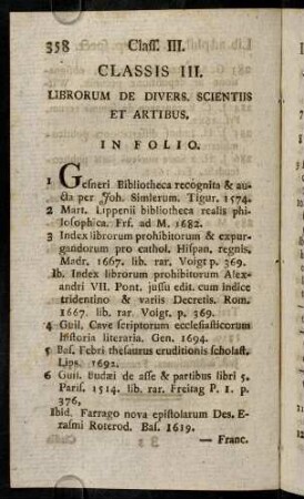 358-523, Classis III. Librorum de Divers, Scientiis et Artibus.