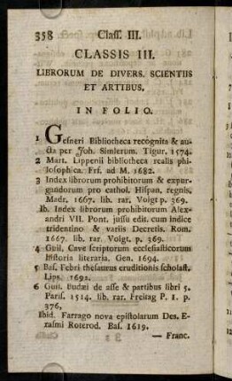358-523, Classis III. Librorum de Divers, Scientiis et Artibus.