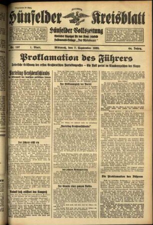 Erste Ausgabe vom Mittwoch, den 07. September 1938.