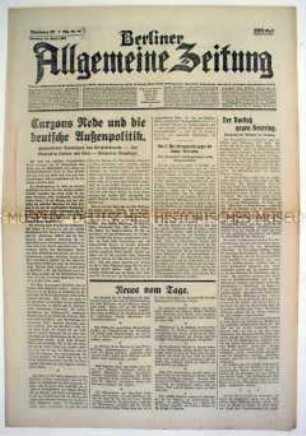 Tageszeitung "Berliner Allgemeine Zeitung" u.a. zur Rede des britischen Außenministers zu den deutschen Reparationszahlungen