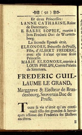 Frederic Guillaume Le Grand, Marggrave & Electeur de Brandenbourg, Souverain Duc de Prusse. - Son Altesse Royale Sophie Dorothee Marie, Princesse de Prusse.