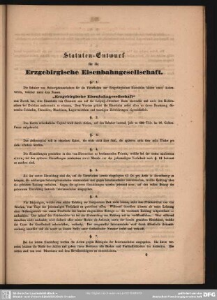 Statuten-Entwurf für die Erzgebirgische Eisenbahngesellschaft