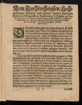 Dem Durchleuchtigsten/ Hochgebornen Fürsten und Herrn/ Herrn Georgen Friderichen/ Marggraffen zu Brandenburg/ in Preussen ...