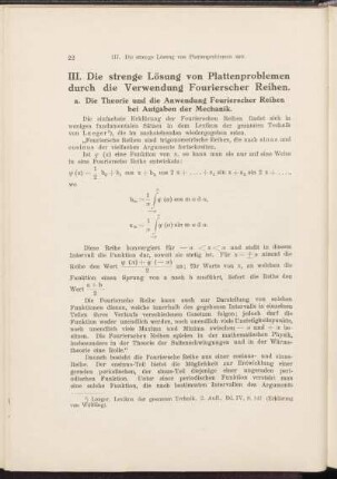 III. Die strenge Lösung von Plattenproblemen durch die Verwendung Fourierscher Reihen.