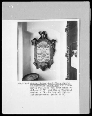 Epitaph für Franz Xaver Freiherr von Brutscher zu Scharn (+1761) und Maria Theresia Wagner (+1749)