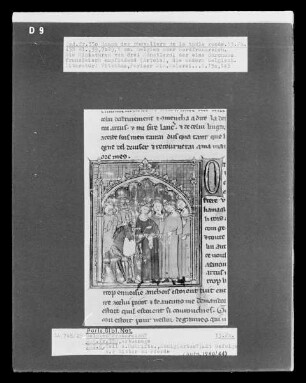 Roman des chevaliers de la table ronde, Artussage, fol. 6, König (Artus?) mit Gefolge und zwei Ritter zu Pferde