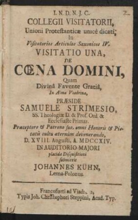 Collegii Visitatorii, Unioni Protestanticæ unicè dicati, In Visitatorios Articulos Saxonicos IV, Visitatio Una, De Cœna Domini