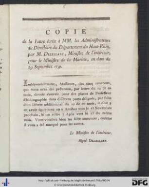 Copie de la Lettre écrite à MM. les Administrateurs du Directoire du Départment du Haut-Rhin, par M. Delessart, Ministre de l'interieur, pour le Ministre de la Marine, en date du 29 Septembre 1791.