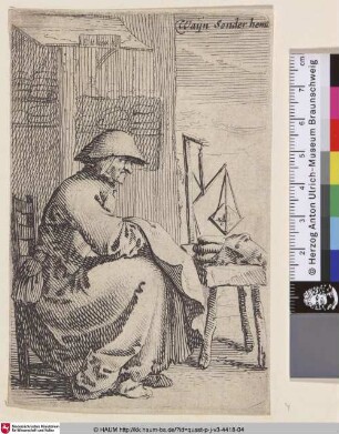 [Eine sitzende Frau hält Stoff in der Hand; Seated woman in right profile holding a fabric]