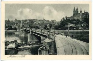 Meißen. Elbbrücke mit Dampfer Meißen