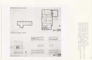 Jugendgästehaus, Berlin-Tiergarten (Diplomarbeit bei Peter Poelzig): Gemeinschaftsgebäude, Bibliothek, Tagesraum, Grundrisse 1:100, 1:200 und Ansichten von Westen, Süden, Norden und Osten 1:200