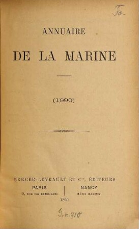 Annuaire de la Marine : pour ... ; réserve. 1890