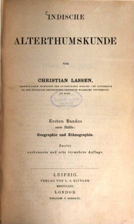 Indische Alterthumskunde, 1. Bandes. Geographie und Ethnographie