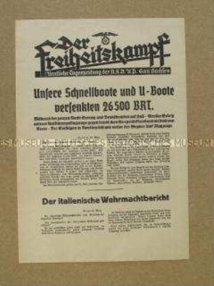 Nachrichtenblatt der Tageszeitung der NSDAP Sachsen "Der Freiheitskampf" über deutsche Luftangriffe auf Kreta