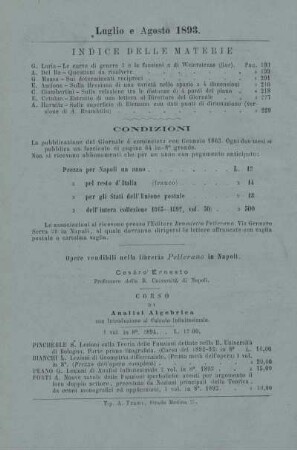 Indice delle materie. Condizioni.