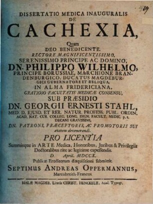 Dissertatio medica inauguralis de cachexia