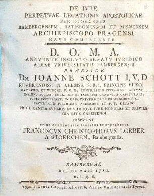 De iure perpetuae legationis apostolicae per dioeceses Bambergensem, Ratisbonensem et Misnensem Archiepiscopo Pragensi haud competente