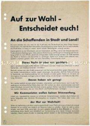 Aufruf der KPD Hamburg zu den Gemeindewahlen 1946 in der britischen Zone mit der Forderung nach allgemeiner Mitbestimmung