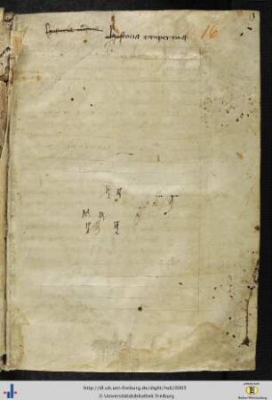 [1r] Zwei Titelangaben des 14./15. Jhs (eine durchgestrichen) & Federproben.