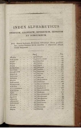 Index Alphabeticus Ordinum, Legionum, Divisionum, Generum et Subgenerum.
