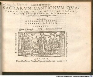 LIBER SECVNDVS SACRARVM CANTIONVM QVATVOR VOCVM, (VVLGO MOTETAS VOCANT) CANTVI, OMNISQVE GENERIS INSTRVMENTIS accommodatarum, summa diligentia aeditus