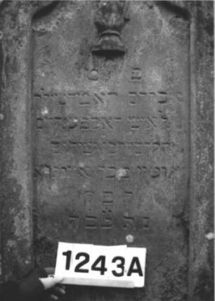 Grabstein 1243 (Index: 99900044) Material: Sandstein Zustand: stark verwittert Maße HxBxT: 156x59x11 cm Beschreibung: aufgesockelte Stele mit geschweiftem Kielbogenabschluss, mit Blüten und Voluten, im Bogenfeld Leviten?-Kanne Symbolik: (Leviten?)Kanne, Blüten, Voluten: Grabstein 1243A