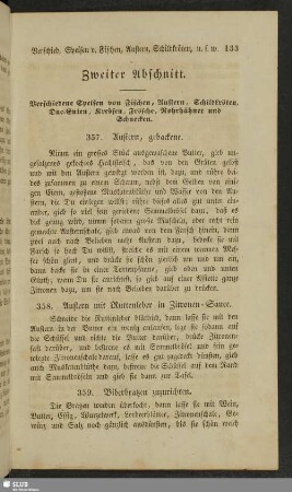 Zweiter Abschnitt. Verschiedene Speisen von Fischen, Austern, Schildkörten, Duc-Enten, Krebsen, Frösche, Rohrhühner und Schnecken