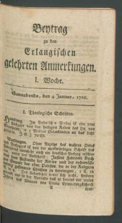 I. Woche (4. Januar 1766)-LII. Woche (27. December 1766): Beytrag zu den Erlangischen gelehrten Anmerkungen