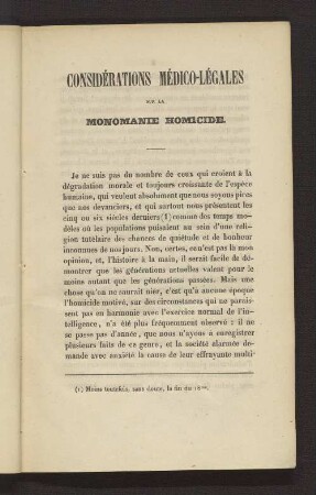 Considérations Médico-Légales sur la Monomanie Homicide