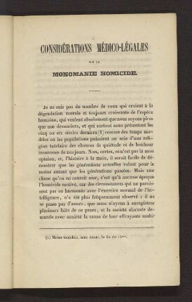 Considérations Médico-Légales sur la Monomanie Homicide