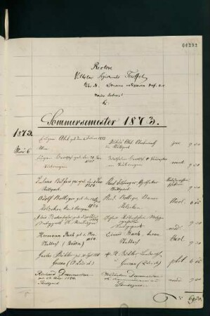 Sommersemester 1873 bis Wintersemester 1873/1874. Rektorat Wilhelm Sigmund Teuffel