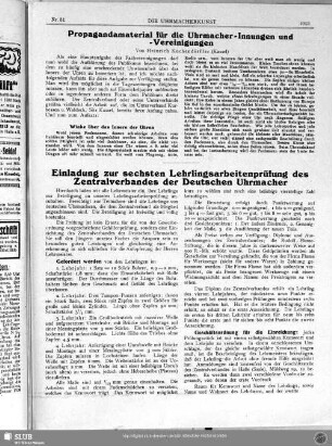 Einladung zur sechsten Lehrlingsarbeitenprüfung des Zentralverbandes der Deutschen Uhrmacher