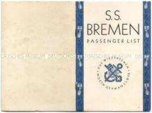 Passagier- und Besatzungsliste der "Bremen" von der Fahrt am 15.12.1929 ab New York über Cherbourg und Southampton nach Bremen (englisch) - Nachlass
