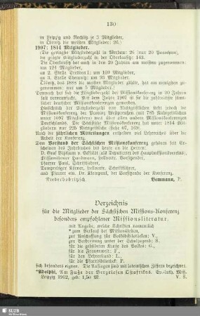 Verzeichnis für die Mitglieder der Sächsischen Missions-Konferenz besonders empfohlener Missionsliteratur