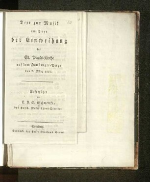 Text zur Musik am Tage der Einweihung der St. Pauls-Kirche auf dem Hamburger-Berge den 2. März 1820