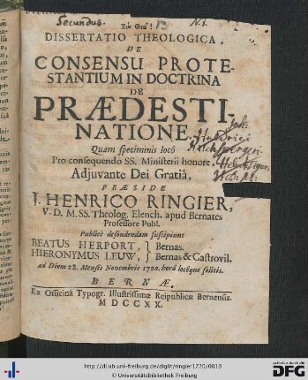 Dissertatio Theologica De Consensu Protestantium In Doctrina De Praedestinatione