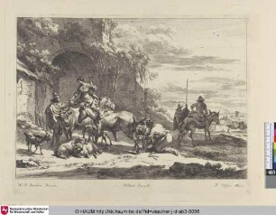[Das reitende Mädchen vor der Ruine; Farrier shoeing a donkey]